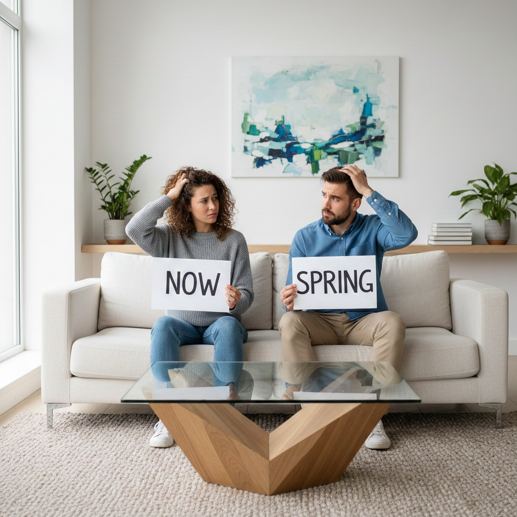 picture of a confused couple deciding if they should sell their home now or in spring